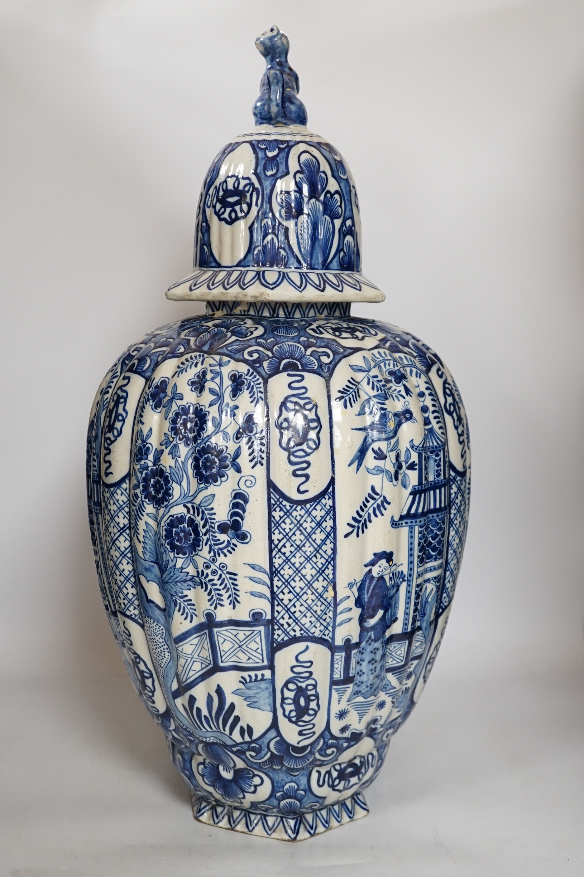 A Delft blue and white jar and cover, in the Chinese style possibly 19th century, marked BP to base, 59cm